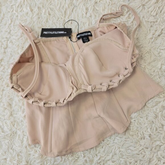 NWT PrettyLittleThing Stone Woven Lace Up Corset Top, Size 2 - Picture 2 of 4